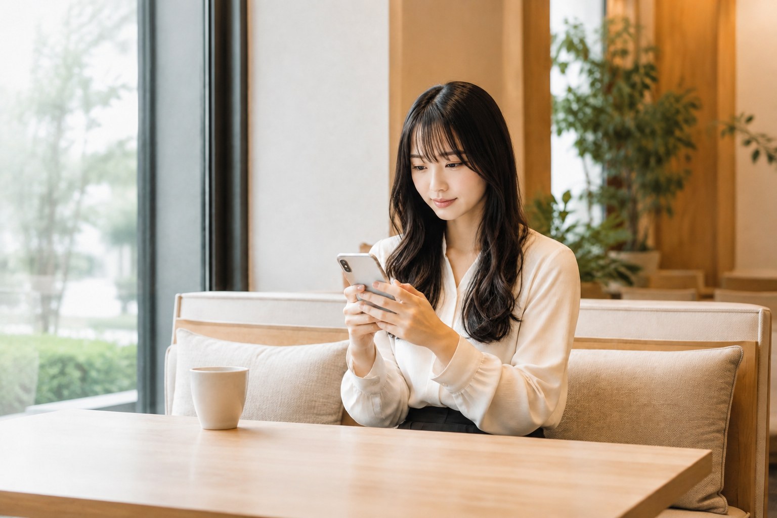 明るい室内でスマートフォンを使って学習する女性のイメージ